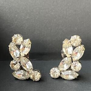 Signed Weiss Crystal Cuff Earrings, Designer Vintage Clipon MidCentury Marquis